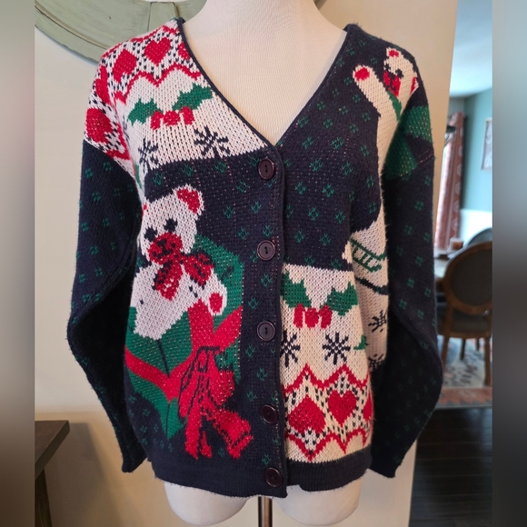 Cabin Creek Sweaters - Cabin Creek Vintage Size Medium Petite Winter Holiday Cardigan Made In USA 90's